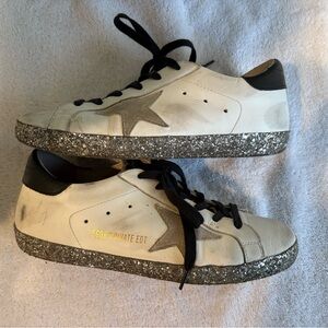 Golden Goose Superstar Glitter Sneakers with Black and Leopard Accents
